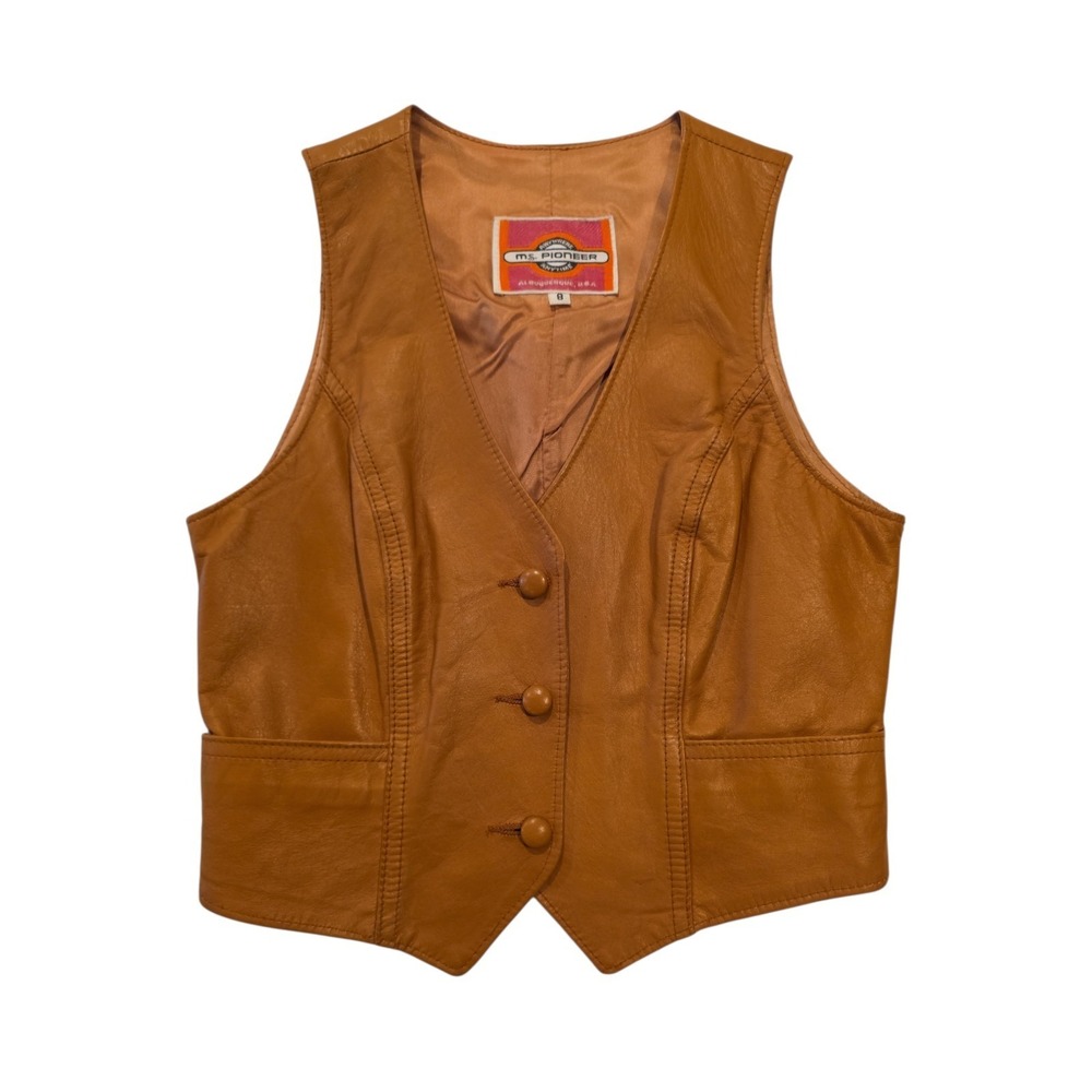 Vintage Ms Pioneer Leather Vest Womens 8 Western Tan Brown Button Front